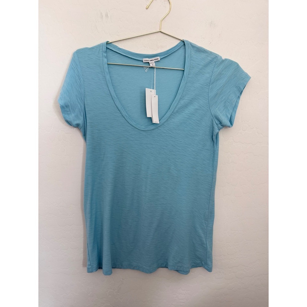 James Perse Women Light Blue Slub Jersey Scoop Neck Minimalist Tee Sz Medium NEW